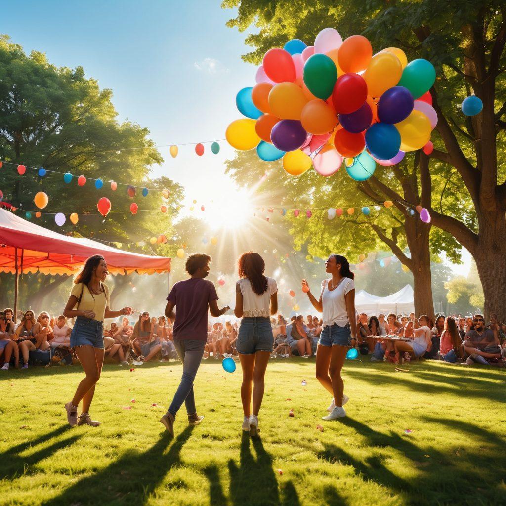 A vibrant scene depicting a diverse group of friends laughing and enjoying various free activities, such as an outdoor concert, a food festival, and a park picnic, with colorful balloons and decorations in the background creating a festive atmosphere. Sunlight filters through trees, casting playful shadows on the ground, making it inviting and warm. super-realistic. vibrant colors. lively atmosphere.