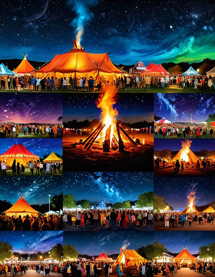 A vibrant collage of various entertainment options such as a roaring bonfire under a starry night sky, friends laughing around it, free outdoor movie screenings, street performances, and an enticing food festival. Bright and fiery colors should dominate the scene, creating a warm and inviting atmosphere, emphasizing the theme of free and exciting amusements. super-realistic. vibrant colors. night sky backdrop.