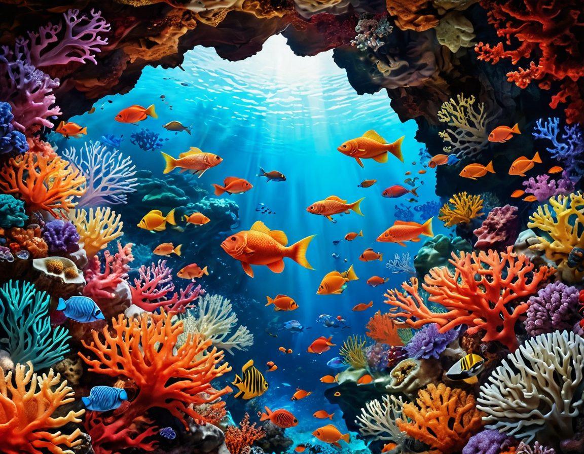 A vibrant underwater scene filled with colorful coral reefs and exotic sea creatures engaging in playful activities, such as a group of friends exploring hidden caves and dancing among the fish. Incorporate shades of red and orange to evoke a sense of seduction and spice, while capturing the joyful essence of adventure. super-realistic. vibrant colors. white background.